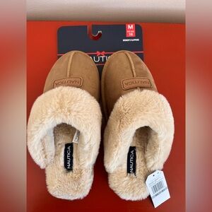 Nautica Tan Suede and Cream Faux Fur Women's Slippers Brand New Great Gift